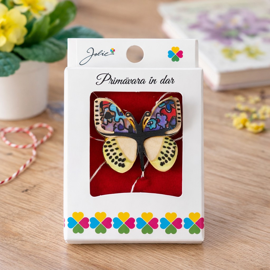 Martisor Brosa Mica in Cutie, Jolie, Dimensiune Brosa 2,5-3 cm, Material Metal, Model Fluture Colorat, Multicolor