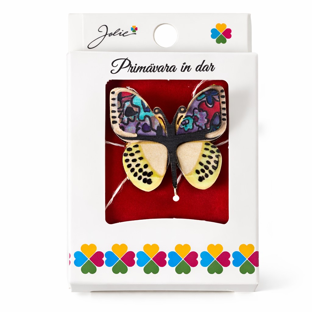 Martisor Brosa Mica in Cutie, Jolie, Dimensiune Brosa 2,5-3 cm, Material Metal, Model Fluture Colorat, Multicolor