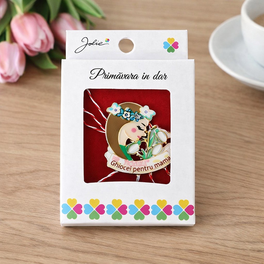 Martisor Brosa Mica in Cutie, Jolie, Dimensiune Brosa 2,5-3 cm, Material Metal, Model Ghiocei pentru mama, Multicolor