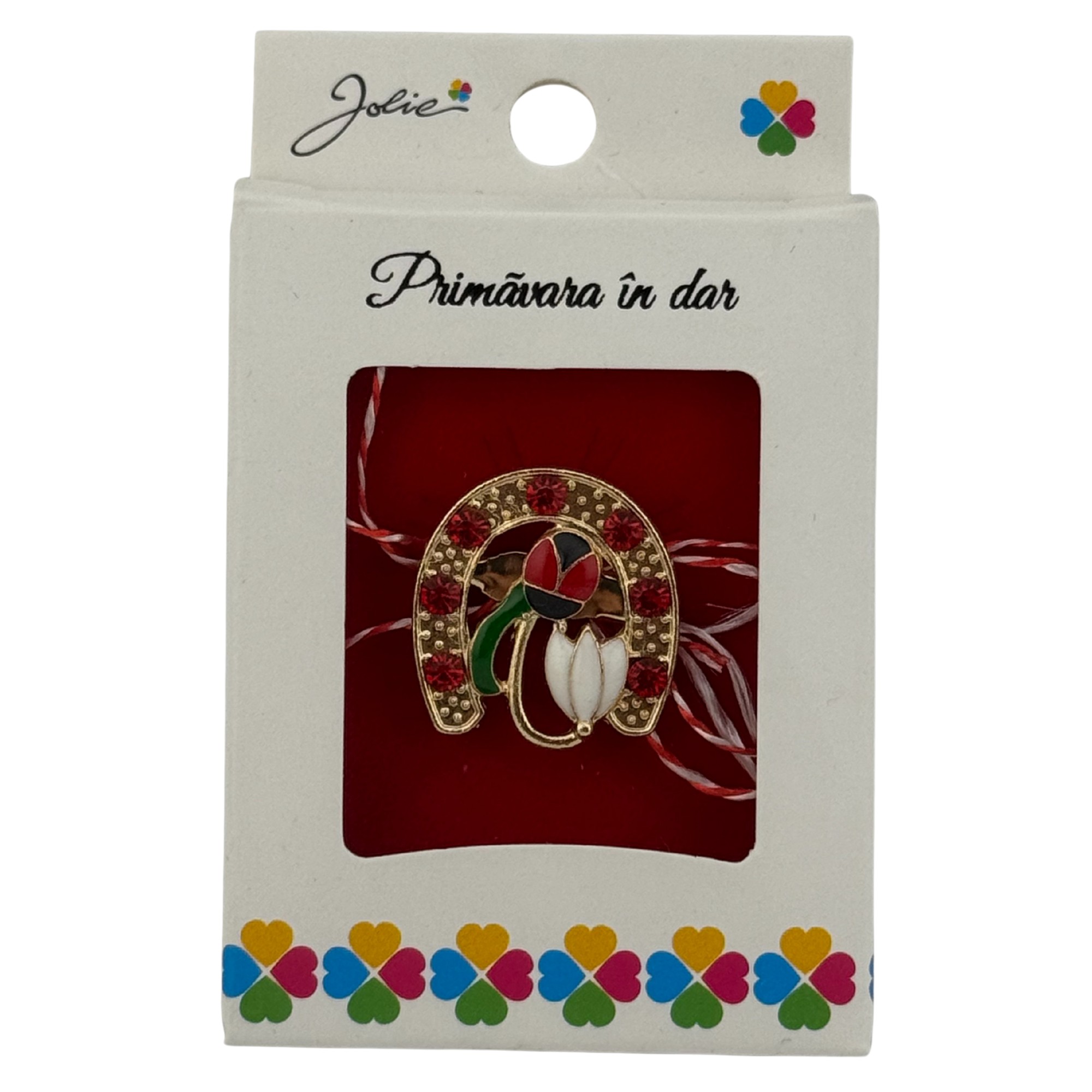 Martisor Brosa Mica in Cutie, Jolie, Dimensiune Brosa 2.5-3cm, Material Metal, Model Potcoava Buburuza Ghiocel