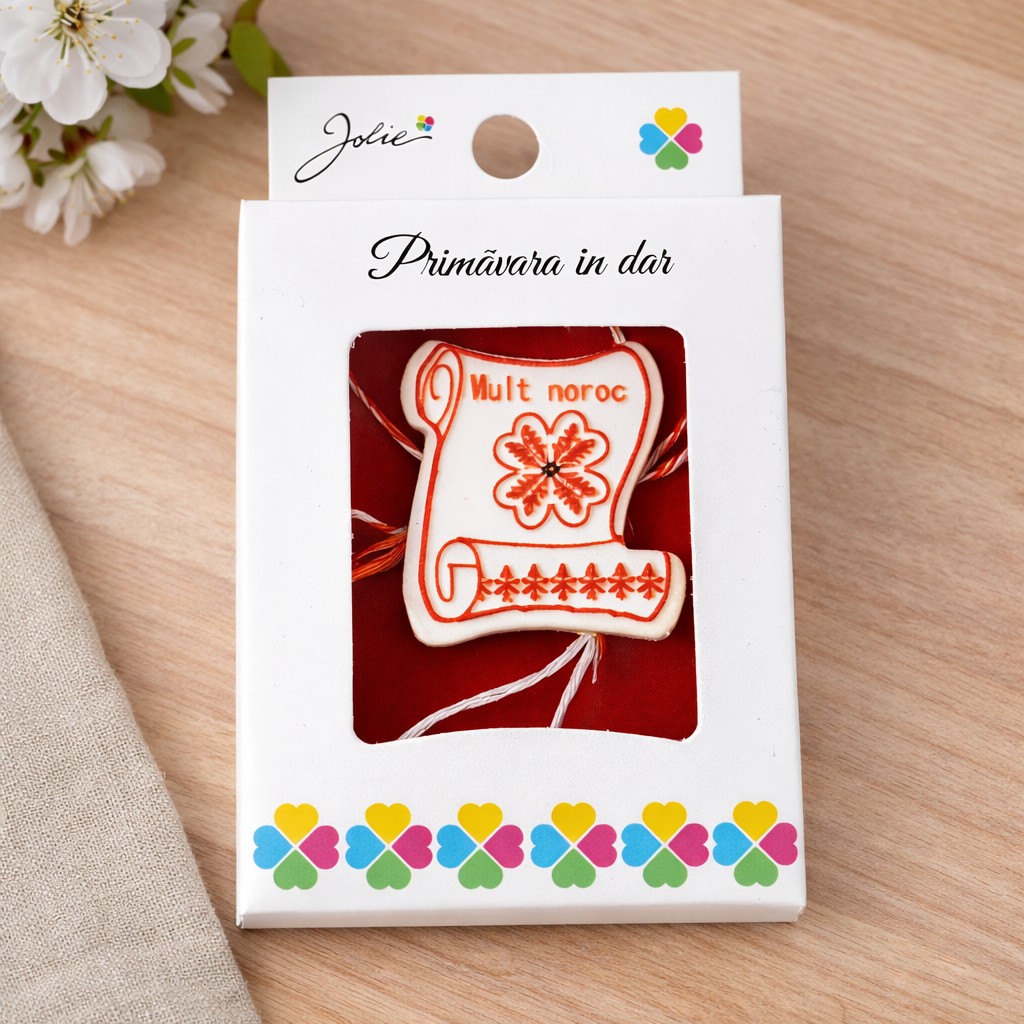 Martisor Brosa Mica in Cutie, Jolie, Dimensiune Brosa 2,5-3 cm, Material Metal, Model Trifoi Mult Noroc, Alb