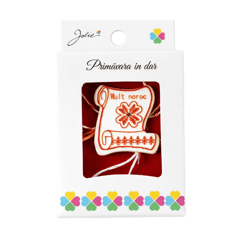 Martisor Brosa Mica in Cutie, Jolie, Dimensiune Brosa 2,5-3 cm, Material Metal, Model Trifoi Mult Noroc, Alb