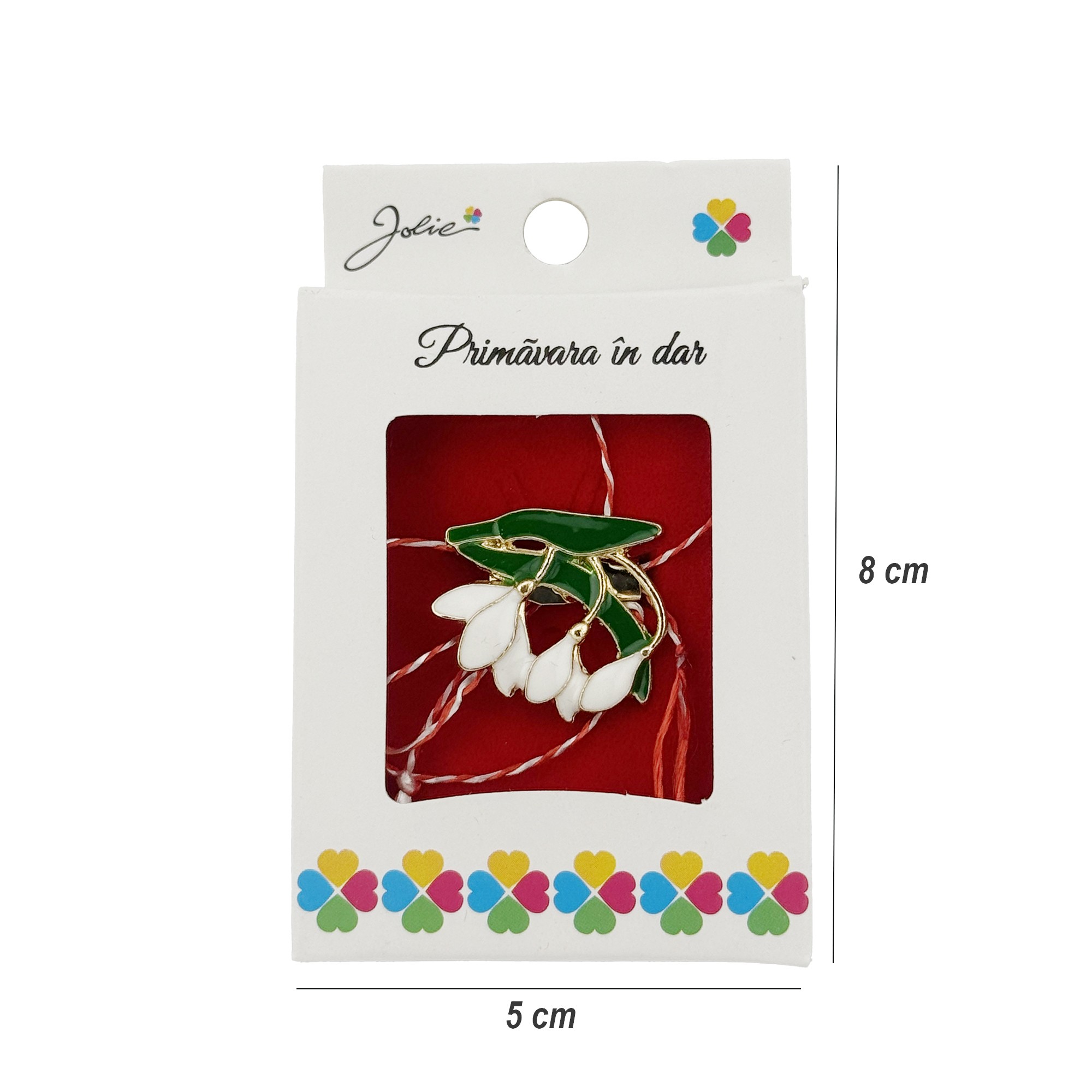Martisor Brosa, Jolie, Model Trei Ghiocei, Metal Emailat in Culori, Sistem de Prindere cu Ac, Dimensiune 2.5–3 cm, Ambalaj Individual cu Design, Multicolor