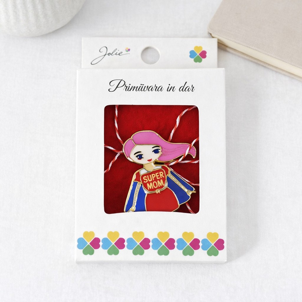 Martisor Brosa Mica in Cutie, Jolie, Dimensiune Brosa 2,5-3 cm, Material Metal, Model Super Mama, Multicolor