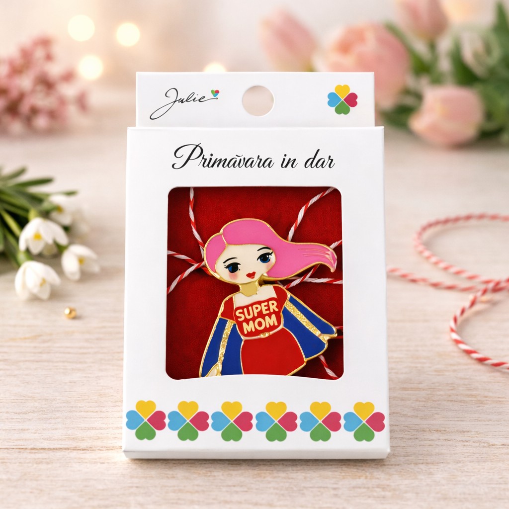 Martisor Brosa Mica in Cutie, Jolie, Dimensiune Brosa 2,5-3 cm, Material Metal, Model Super Mama, Multicolor