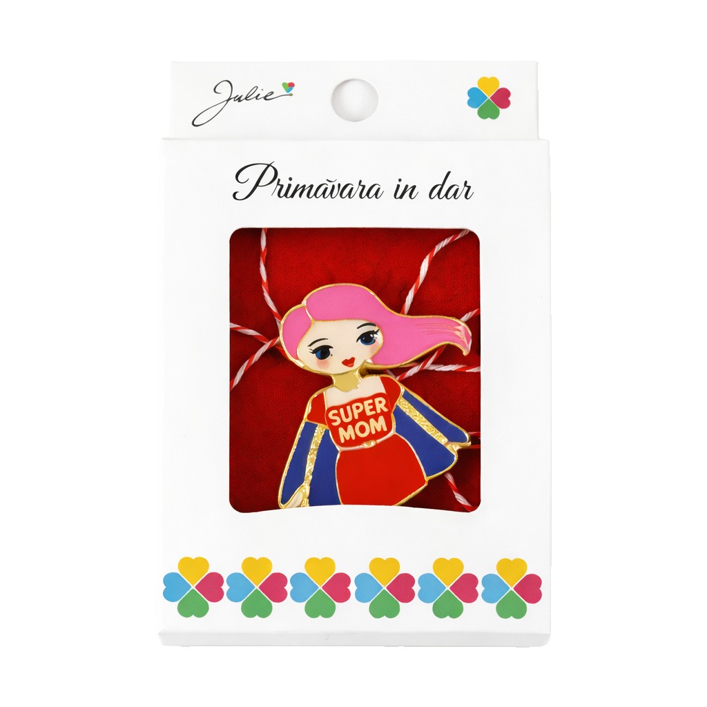 Martisor Brosa Mica in Cutie, Jolie, Dimensiune Brosa 2,5-3 cm, Material Metal, Model Super Mama, Multicolor