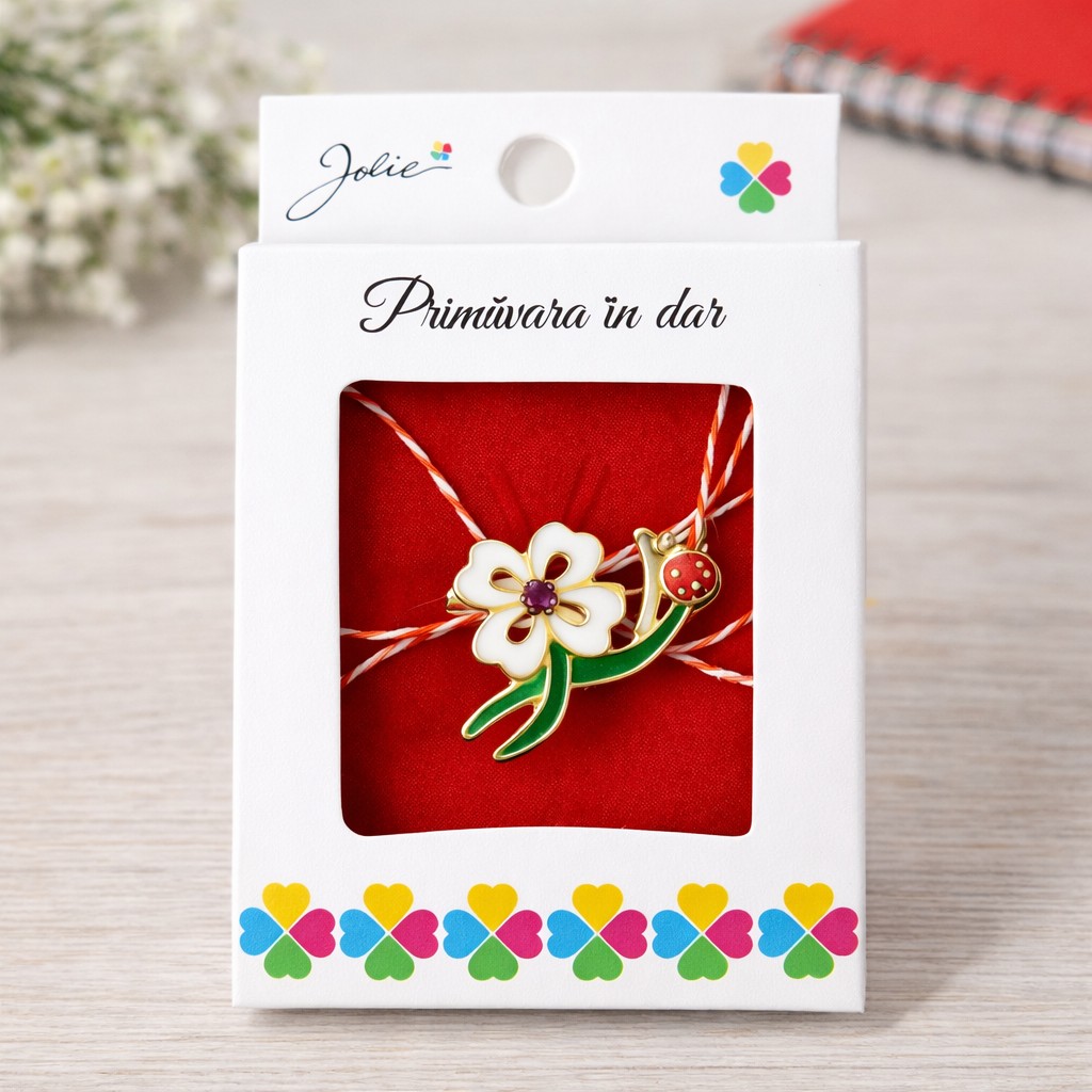 Martisor Brosa Mica in Cutie, Flippy, Dimensiune Brosa 2,5-3 cm, Material Metal, Model Trifoi Alb, Multicolor