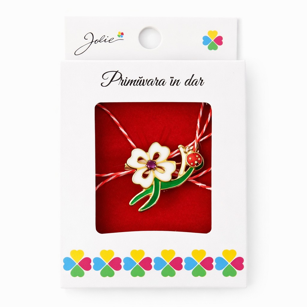Martisor Brosa Mica in Cutie, Flippy, Dimensiune Brosa 2,5-3 cm, Material Metal, Model Trifoi Alb, Multicolor