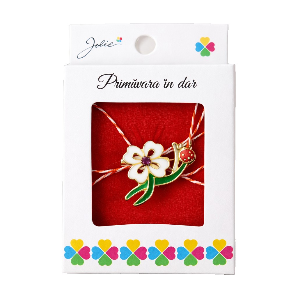 Martisor Brosa Mica in Cutie, Flippy, Dimensiune Brosa 2,5-3 cm, Material Metal, Model Trifoi Alb, Multicolor