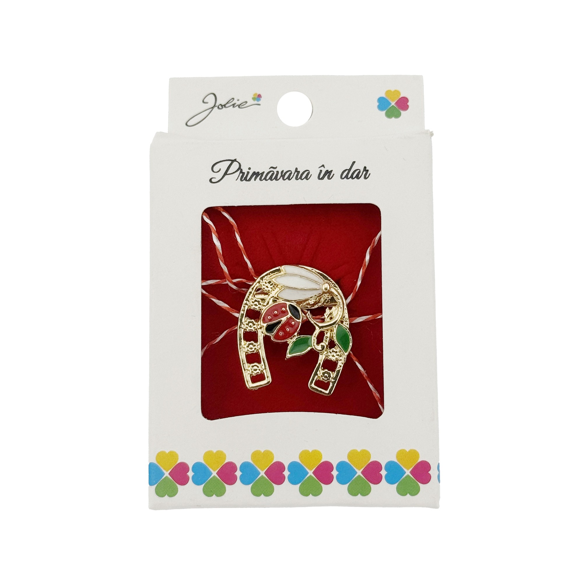 Martisor Brosa, Jolie, Model Potcoava cu Ghiocel si Buburuza, Metal Emailat in Culori, Sistem de Prindere cu Ac, Dimensiune 2.5–3 cm, Ambalaj Individual cu Design, Multicolor