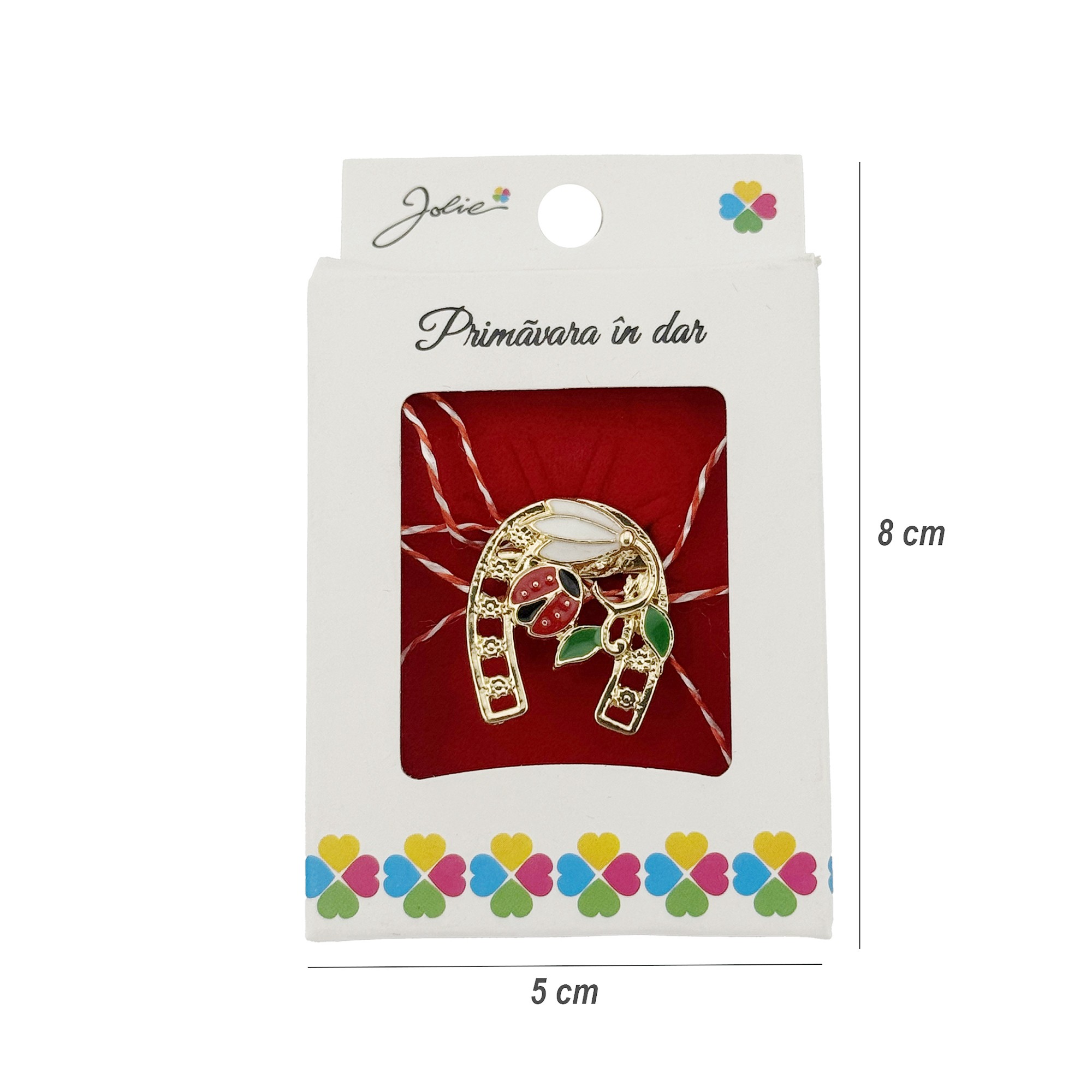 Martisor Brosa, Jolie, Model Potcoava cu Ghiocel si Buburuza, Metal Emailat in Culori, Sistem de Prindere cu Ac, Dimensiune 2.5–3 cm, Ambalaj Individual cu Design, Multicolor