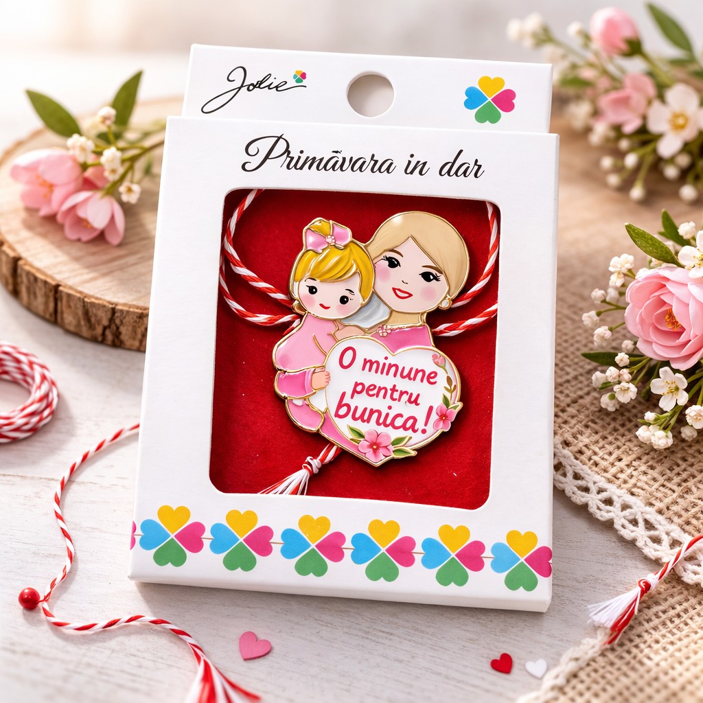 Martisor Brosa Mica in Cutie, Jolie, Dimensiune Brosa 2,5-3 cm, Material Metal, Model O Minune Pentru Bunica, Roz