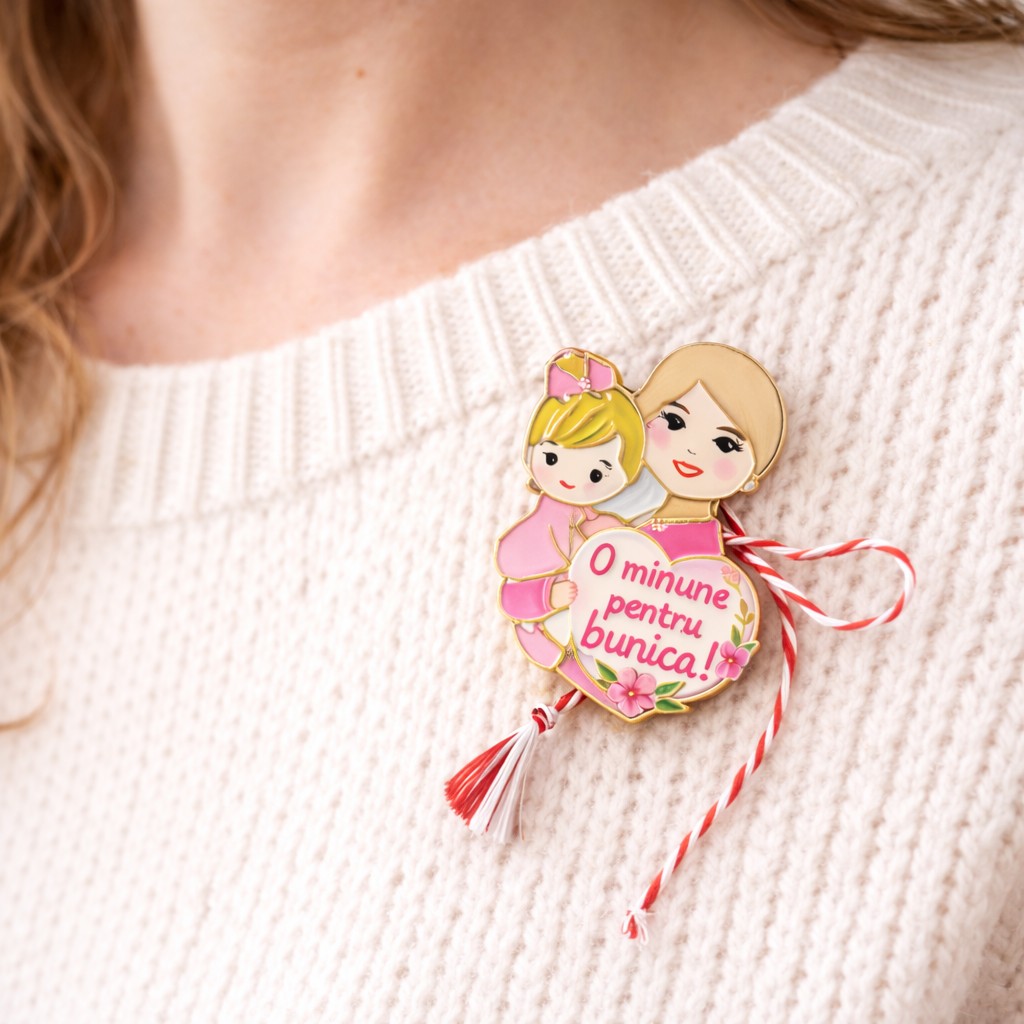Martisor Brosa Mica in Cutie, Jolie, Dimensiune Brosa 2,5-3 cm, Material Metal, Model O Minune Pentru Bunica, Roz