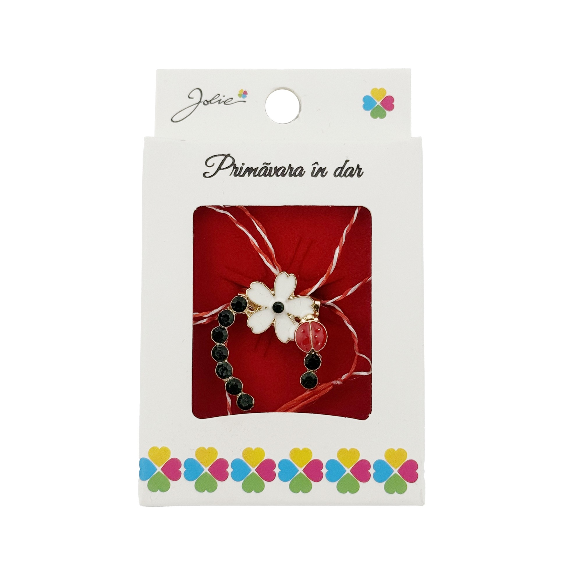 Martisor Brosa, Jolie, Model Potcoava cu Floare Alba, Metal Emailat in Culori, Sistem de Prindere cu Ac, Dimensiune 2.5–3 cm, Ambalaj Individual cu Design, Multicolor