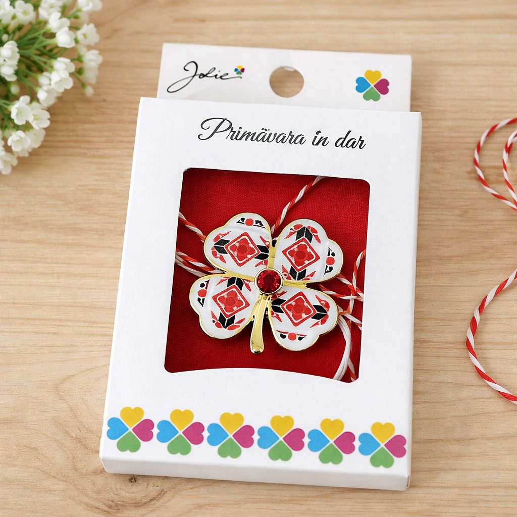 Martisor Brosa Mica in Cutie, Jolie, Dimensiune Brosa 2,5-3 cm, Material Metal, Model Trifoi Traditional, Multicolor
