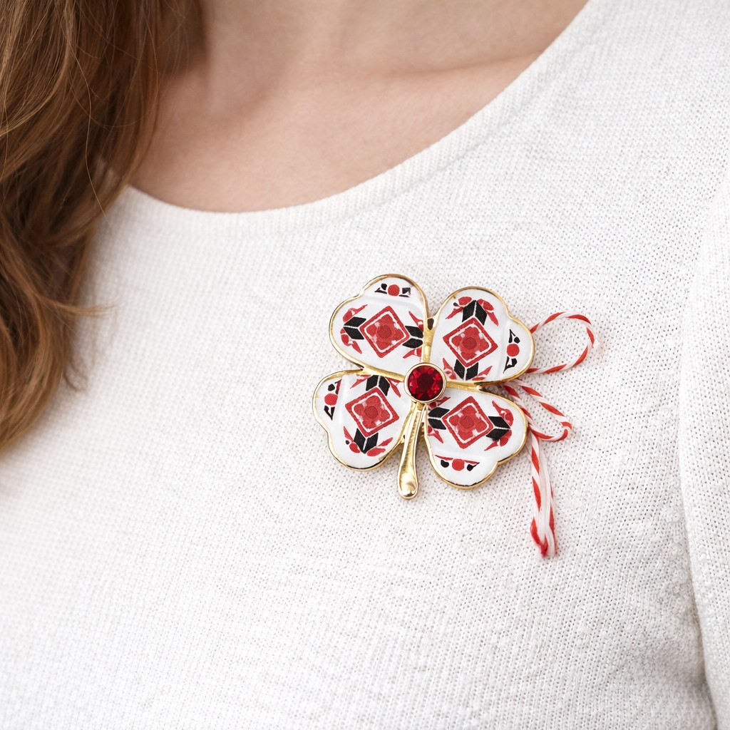 Martisor Brosa Mica in Cutie, Jolie, Dimensiune Brosa 2,5-3 cm, Material Metal, Model Trifoi Traditional, Multicolor