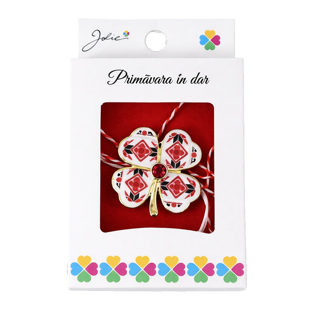 Martisor Brosa Mica in Cutie, Jolie, Dimensiune Brosa 2,5-3 cm, Material Metal, Model Trifoi Traditional, Multicolor