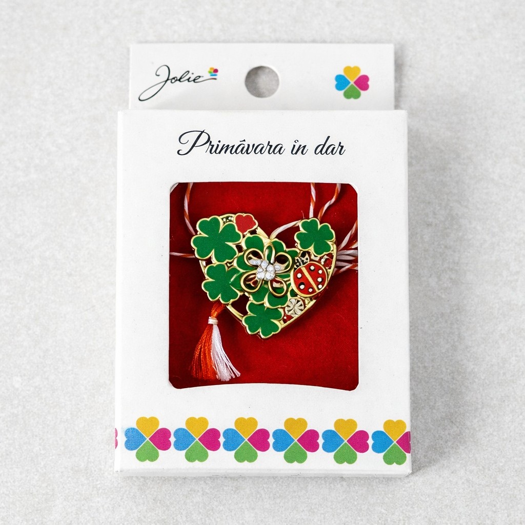 Martisor Brosa Mica in Cutie, Jolie, Dimensiune Brosa 2,5-3 cm, Material Metal, Model Inima Cu Trifoi, Multicolor