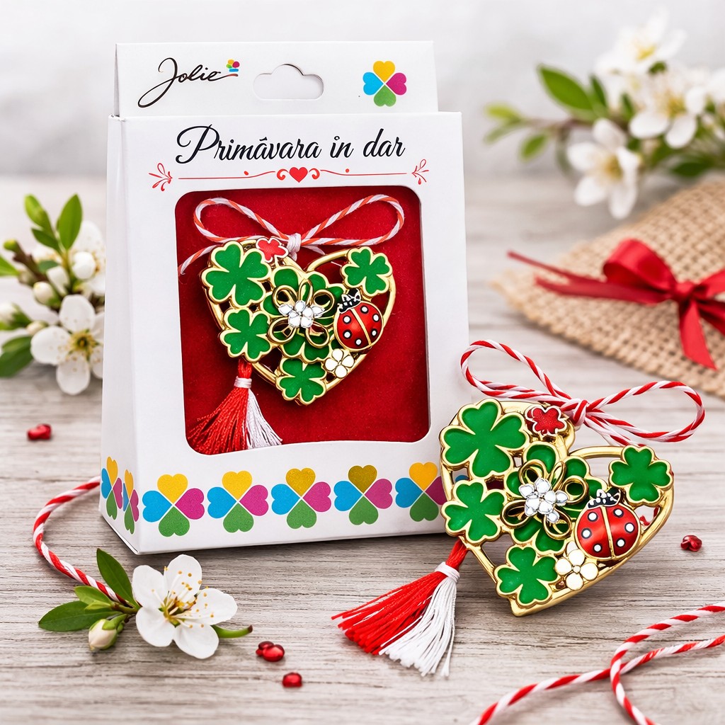 Martisor Brosa Mica in Cutie, Jolie, Dimensiune Brosa 2,5-3 cm, Material Metal, Model Inima Cu Trifoi, Multicolor