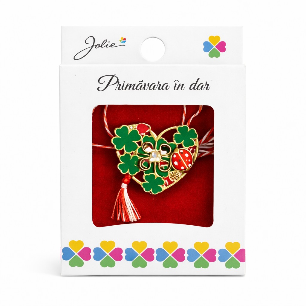 Martisor Brosa Mica in Cutie, Jolie, Dimensiune Brosa 2,5-3 cm, Material Metal, Model Inima Cu Trifoi, Multicolor