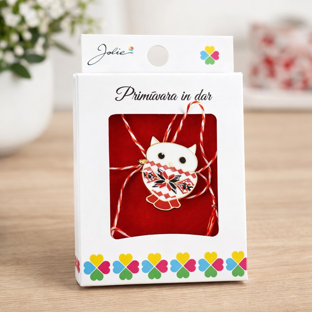 Martisor Brosa Mica in Cutie, Jolie, Dimensiune Brosa 2,5-3 cm, Material Metal, Model Bufnita Traditionala, Multicolor