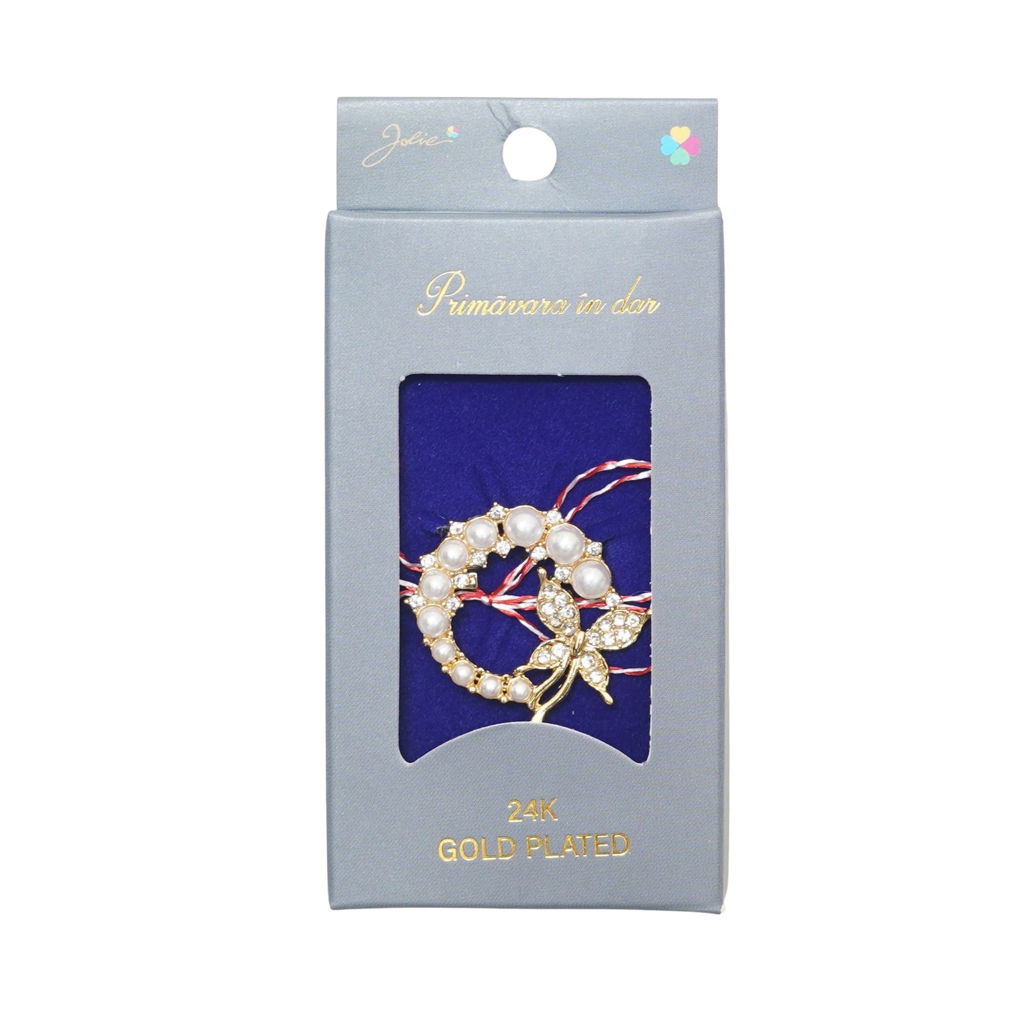 Martisor Brosa Placata cu Aur 24K, Jolie, Ambalaj Carton cu Design, Material Metal, Model Fluture, Dimensiune Brosa 2 - 3 cm, Auriu/Albastru