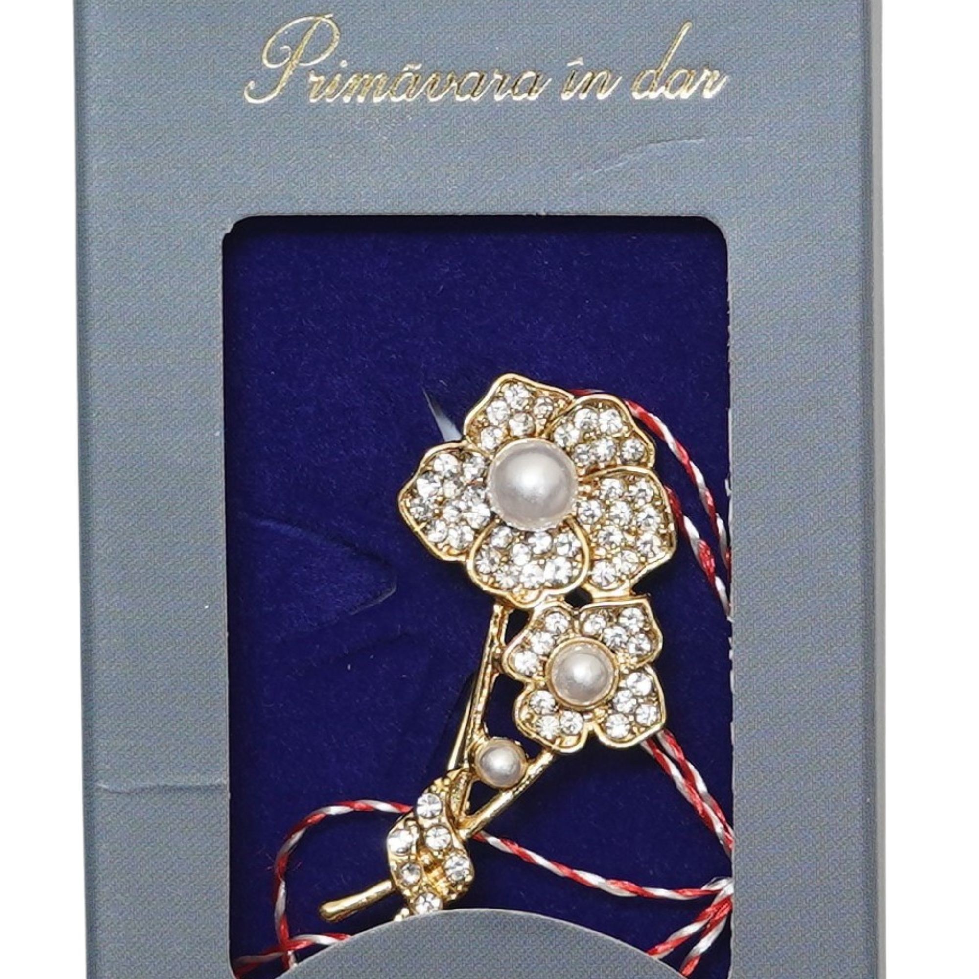 Martisor Brosa Placata cu Aur 24K, Jolie, Ambalaj Carton cu Design, Material Metal, Model Floare, Dimensiune Brosa 2 - 3 cm, Auriu/Rosu