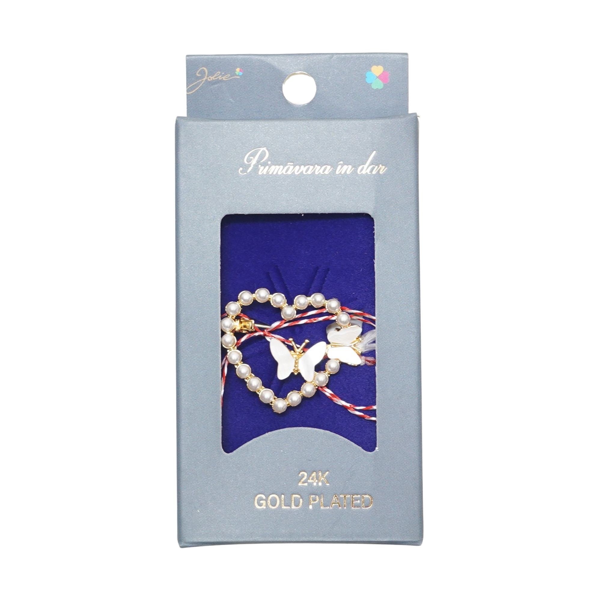 Martisor Brosa Placata cu Aur 24K, Jolie, Ambalaj Carton cu Design, Material Metal, Model Inima, Dimensiune Brosa 2 - 3 cm, Auriu/Alb