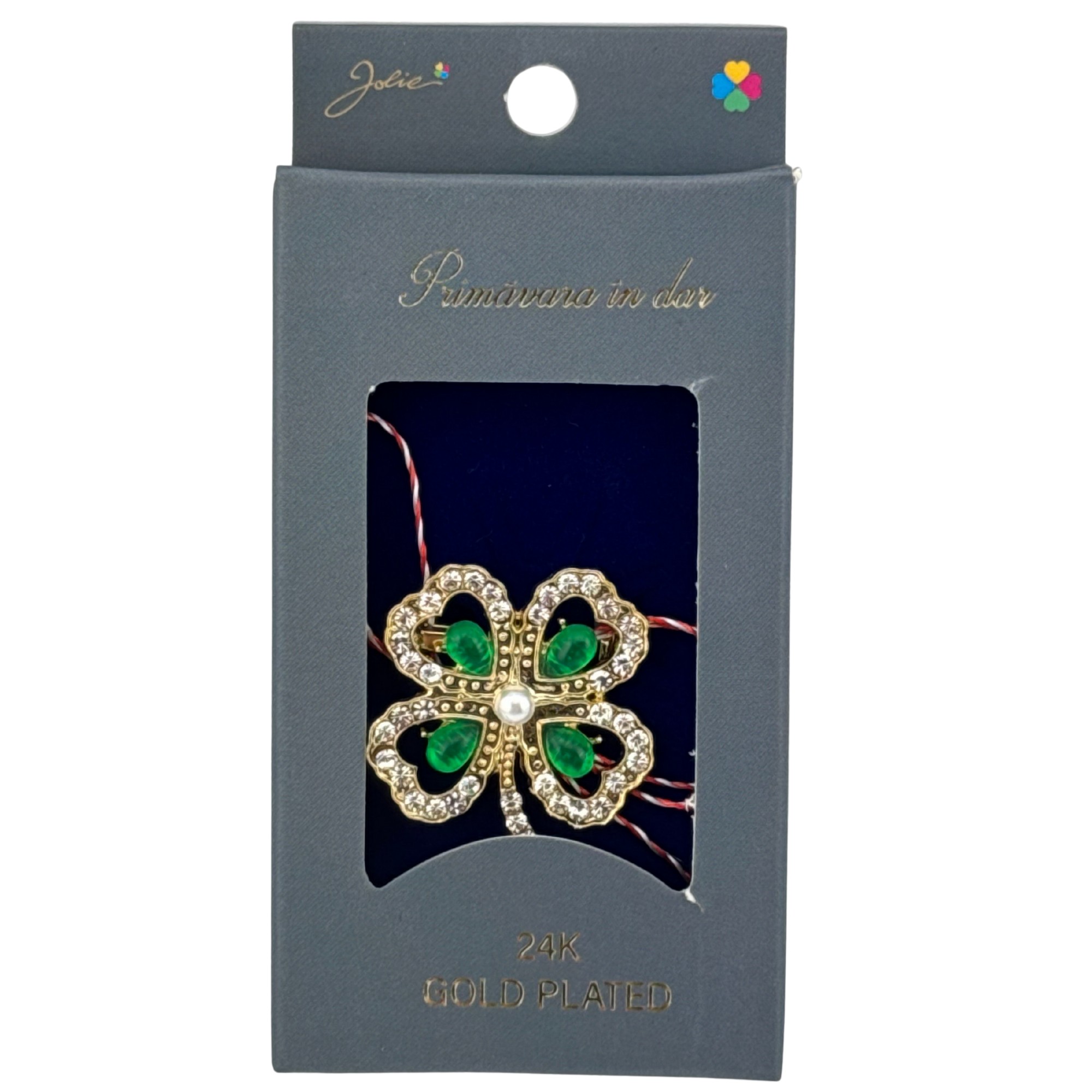 Martisor Brosa Placata cu Aur 24K, Jolie, Dimensiune Brosa 2-3 cm, Model Trifoi cu Pietre Verzi
