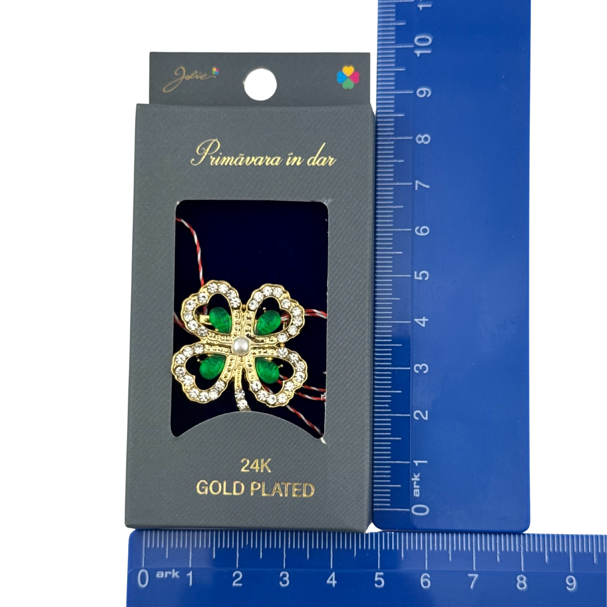 Martisor Brosa Placata cu Aur 24K, Jolie, Dimensiune Brosa 2-3 cm, Model Trifoi cu Pietre Verzi