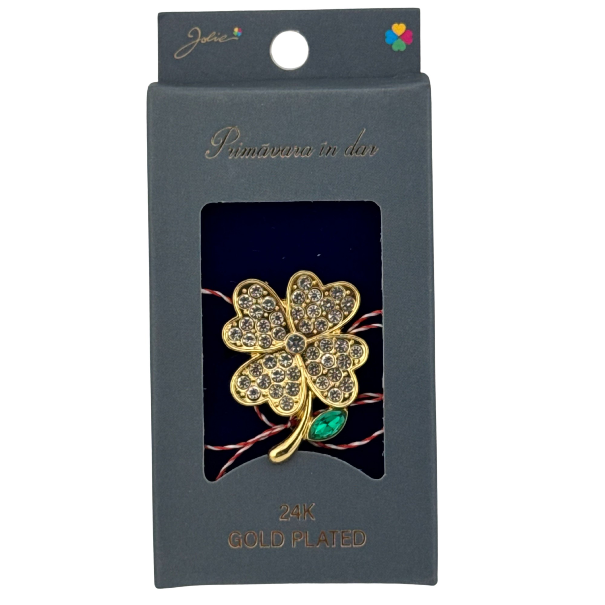 Martisor Brosa Placata cu Aur 24K, Jolie, Dimensiune Brosa 2-3 cm, Model Trifoi cu Patru Foi, Auriu