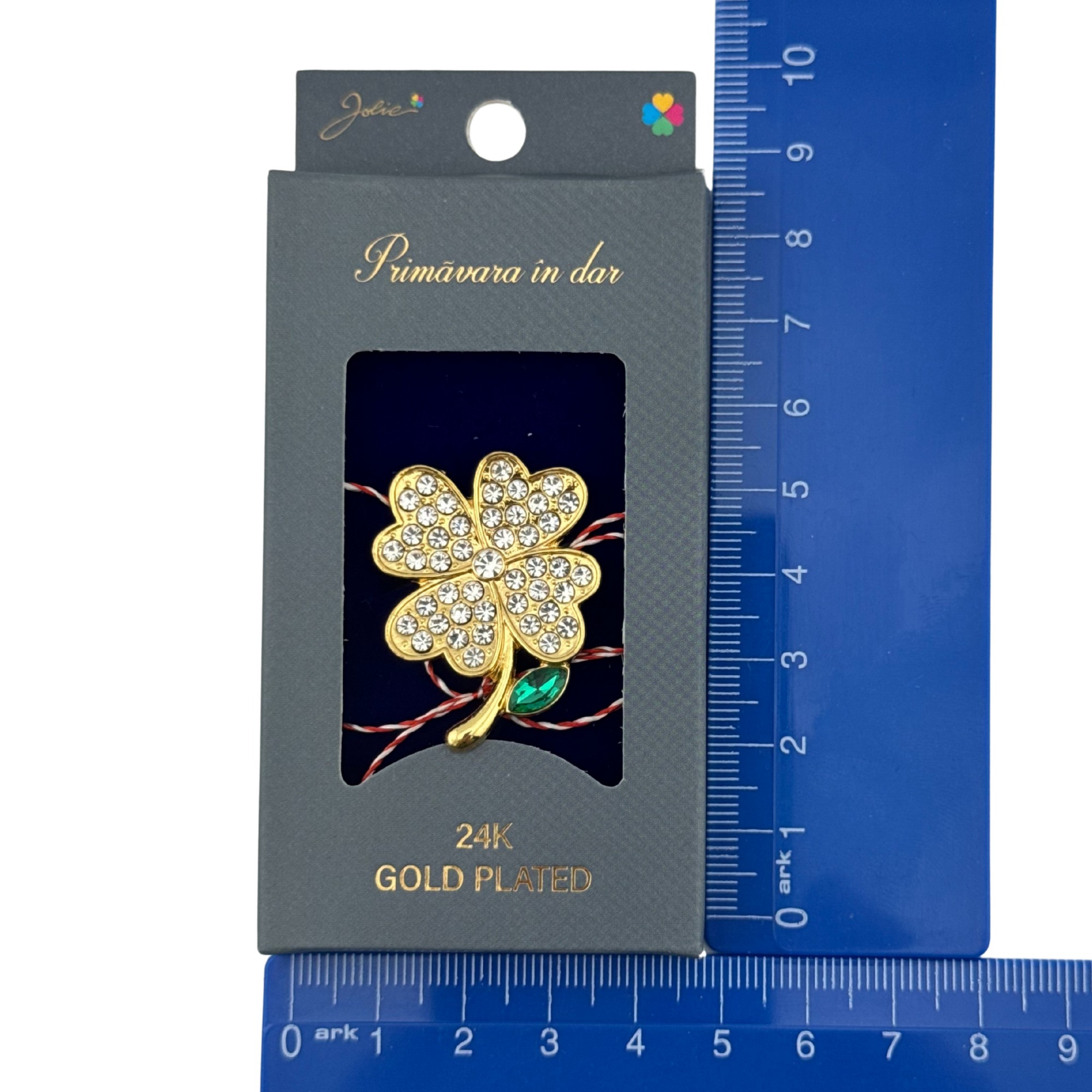 Martisor Brosa Placata cu Aur 24K, Jolie, Dimensiune Brosa 2-3 cm, Model Trifoi cu Patru Foi, Auriu