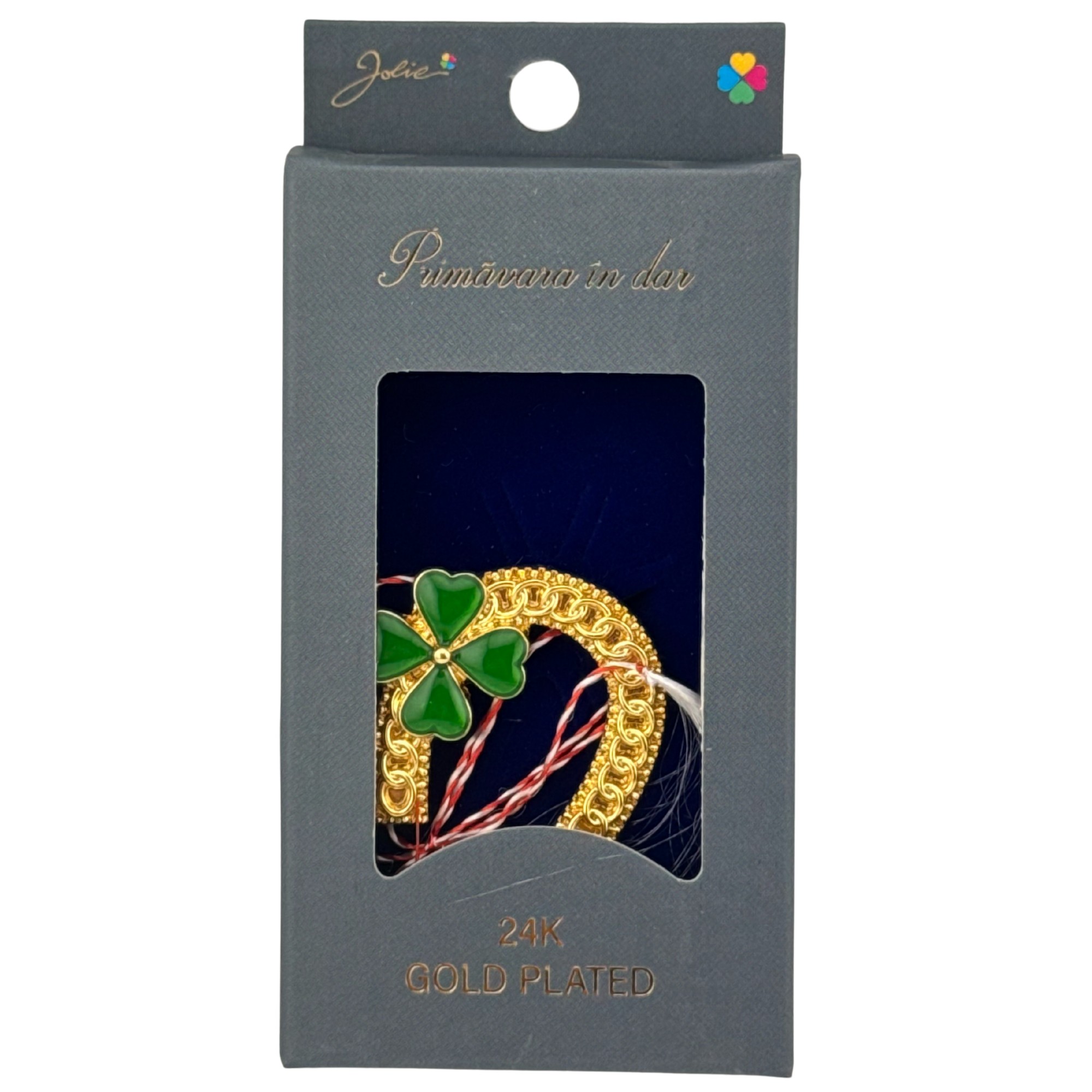 Martisor Brosa Placata cu Aur 24K, Jolie, Dimensiune Brosa 2-3 cm, Model Potcoava si Trifoi, Auriu