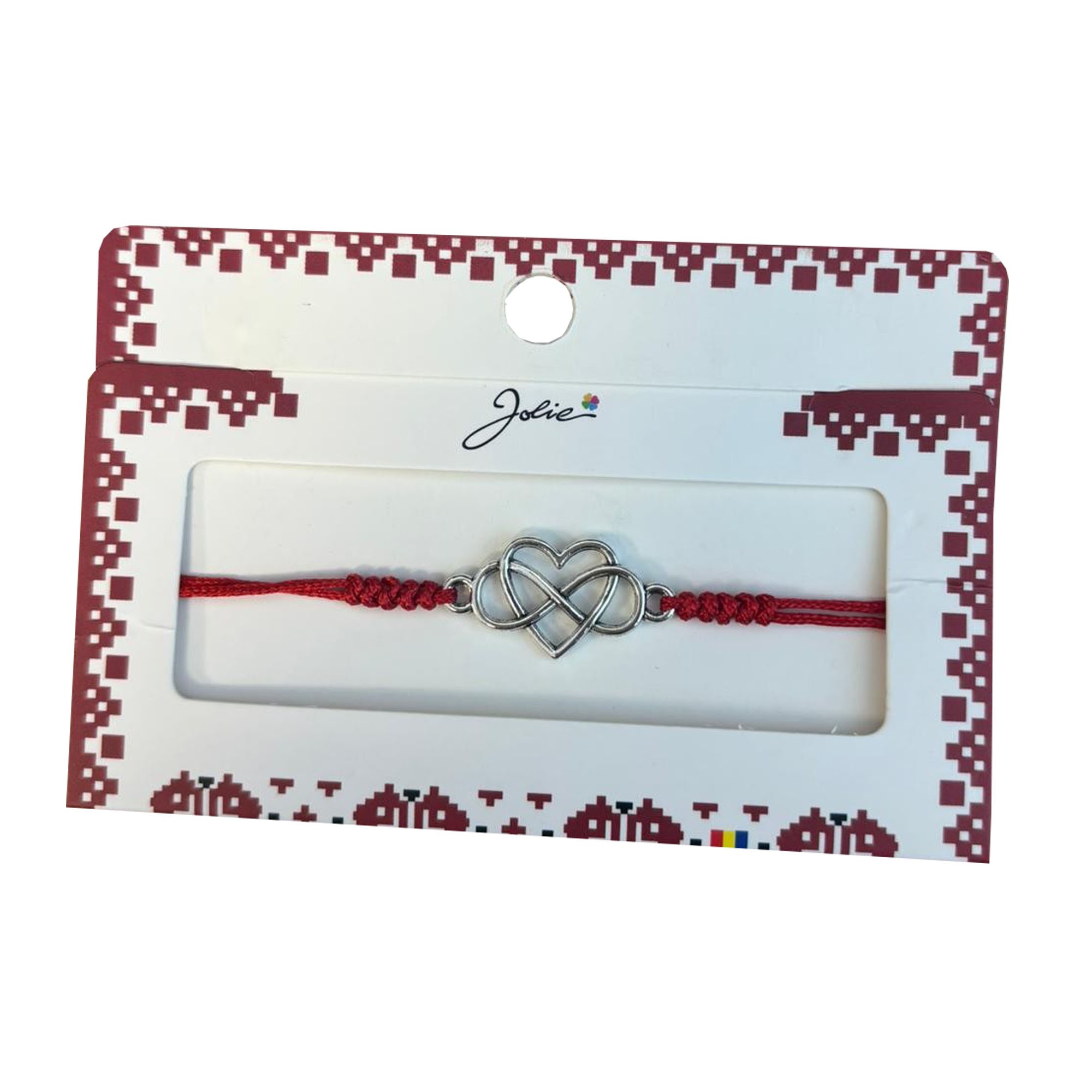 Martisor tip Bratara cu Pandantiv Metalic, Jolie, cu Snur Textil Rosu Impletit, Model Inima Infinit, Dimensiune Reglabila, Ambalata Individual