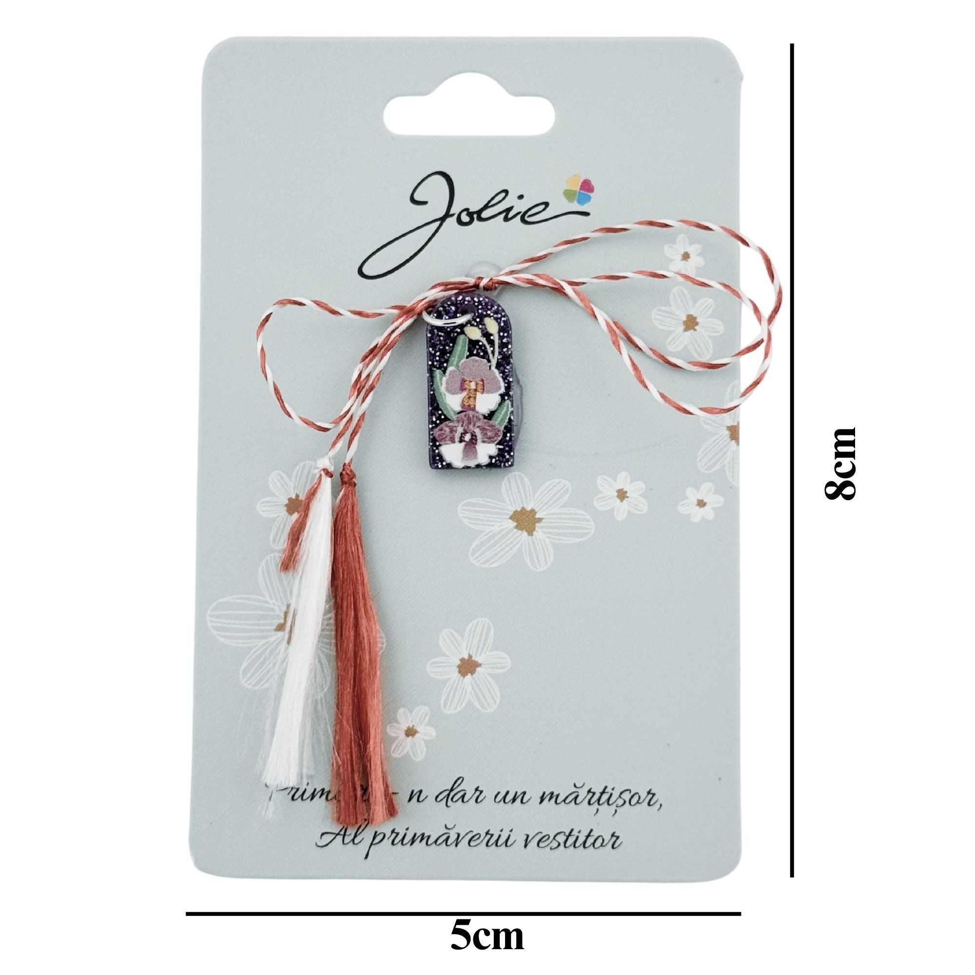 Martisor Traditional din Acril, Jolie, Model Orhidee, cu Snur Impletit Alb/Rosu, Pandantiv 2 cm, Albastru/Alb