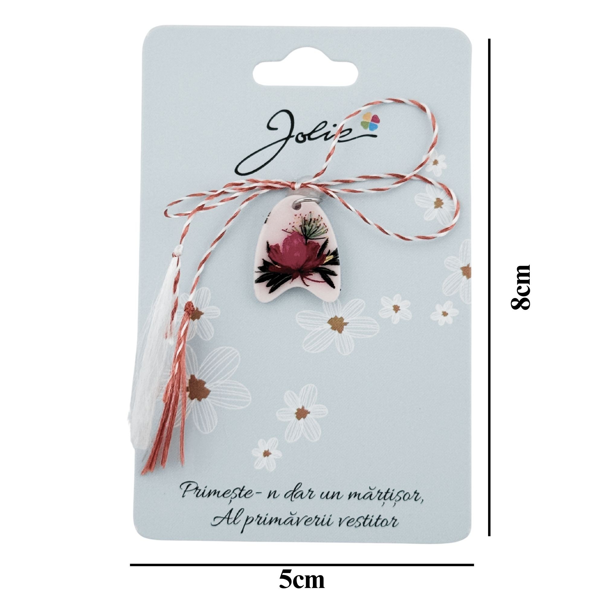 Martisor Traditional din Acril, Jolie, Model Floare Roz, cu Snur Impletit Alb/Rosu, Pandantiv 2 cm, Rosu/Alb