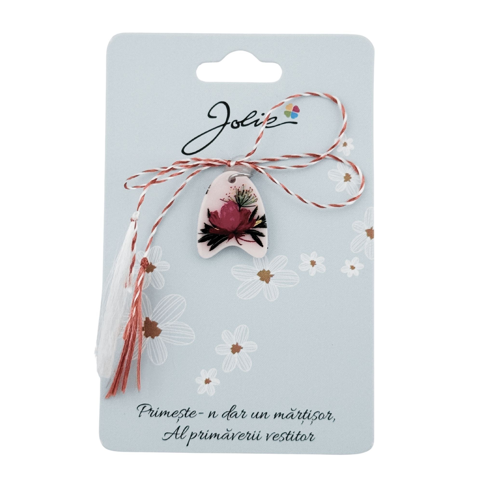 Martisor Traditional din Acril, Jolie, Model Floare Roz, cu Snur Impletit Alb/Rosu, Pandantiv 2 cm, Rosu/Alb