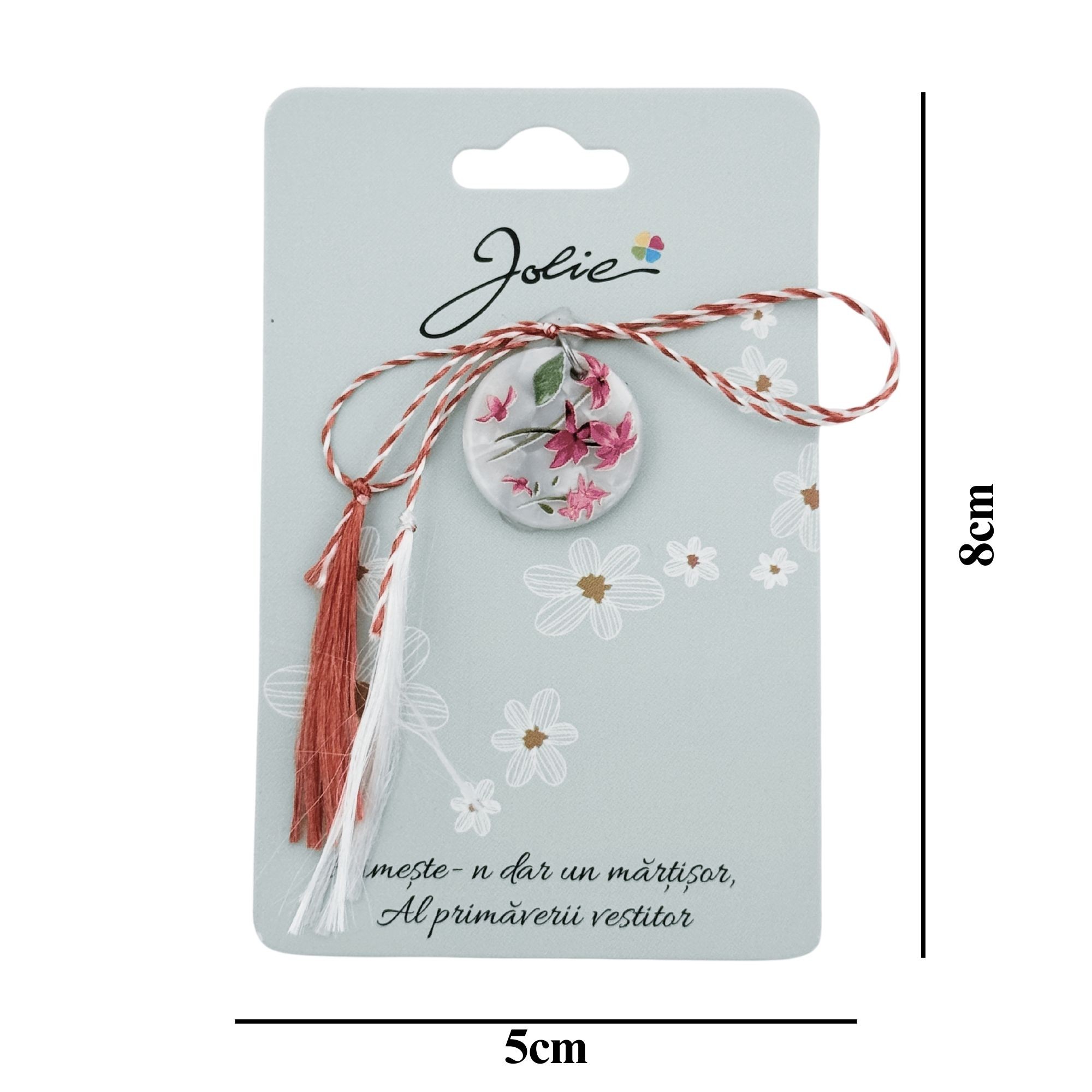 Martisor Traditional din Acril, Jolie, Model Rotund Flori Roz, cu Snur Impletit Alb/Rosu, Pandantiv 2 cm, Multicolor