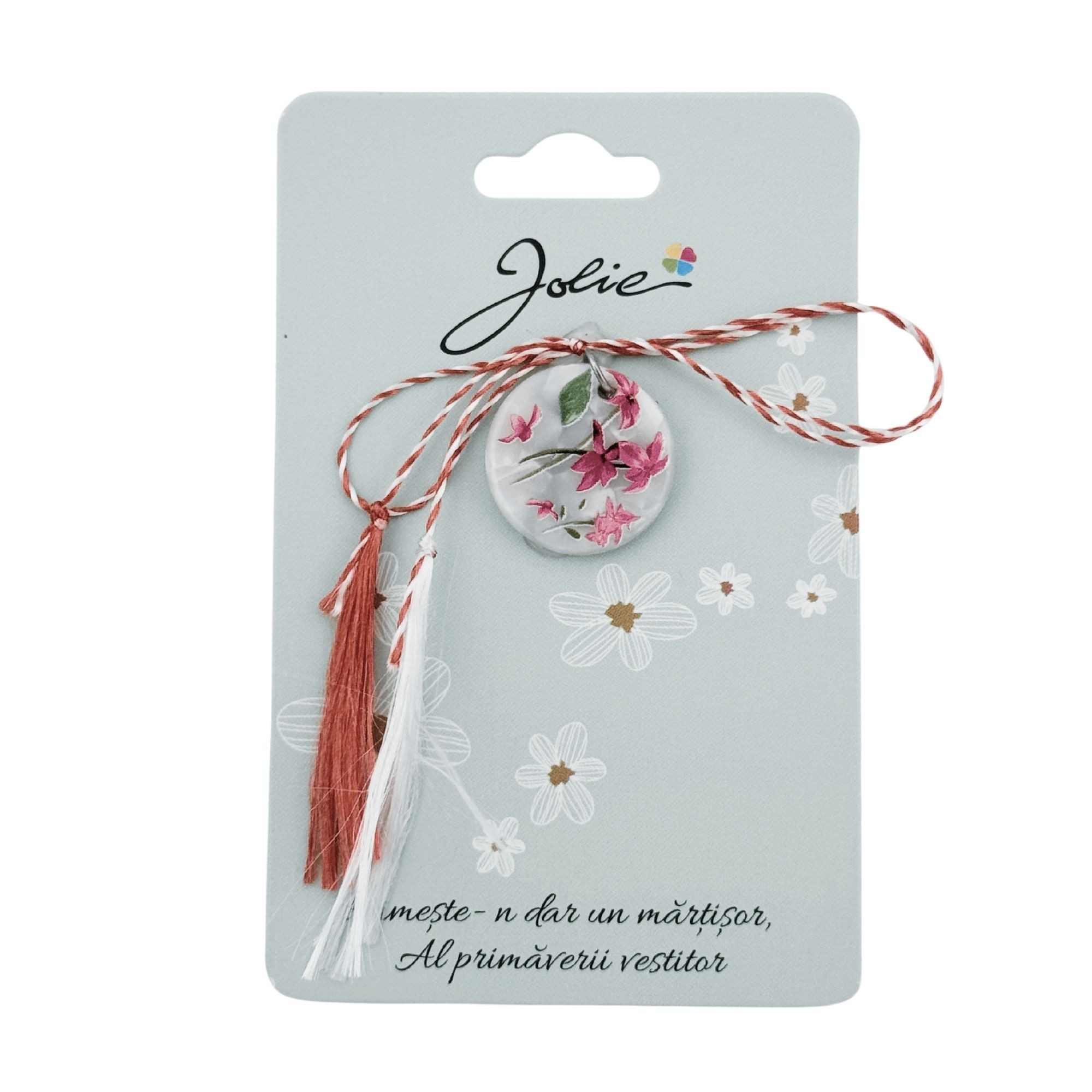 Martisor Traditional din Acril, Jolie, Model Rotund Flori Roz, cu Snur Impletit Alb/Rosu, Pandantiv 2 cm, Multicolor
