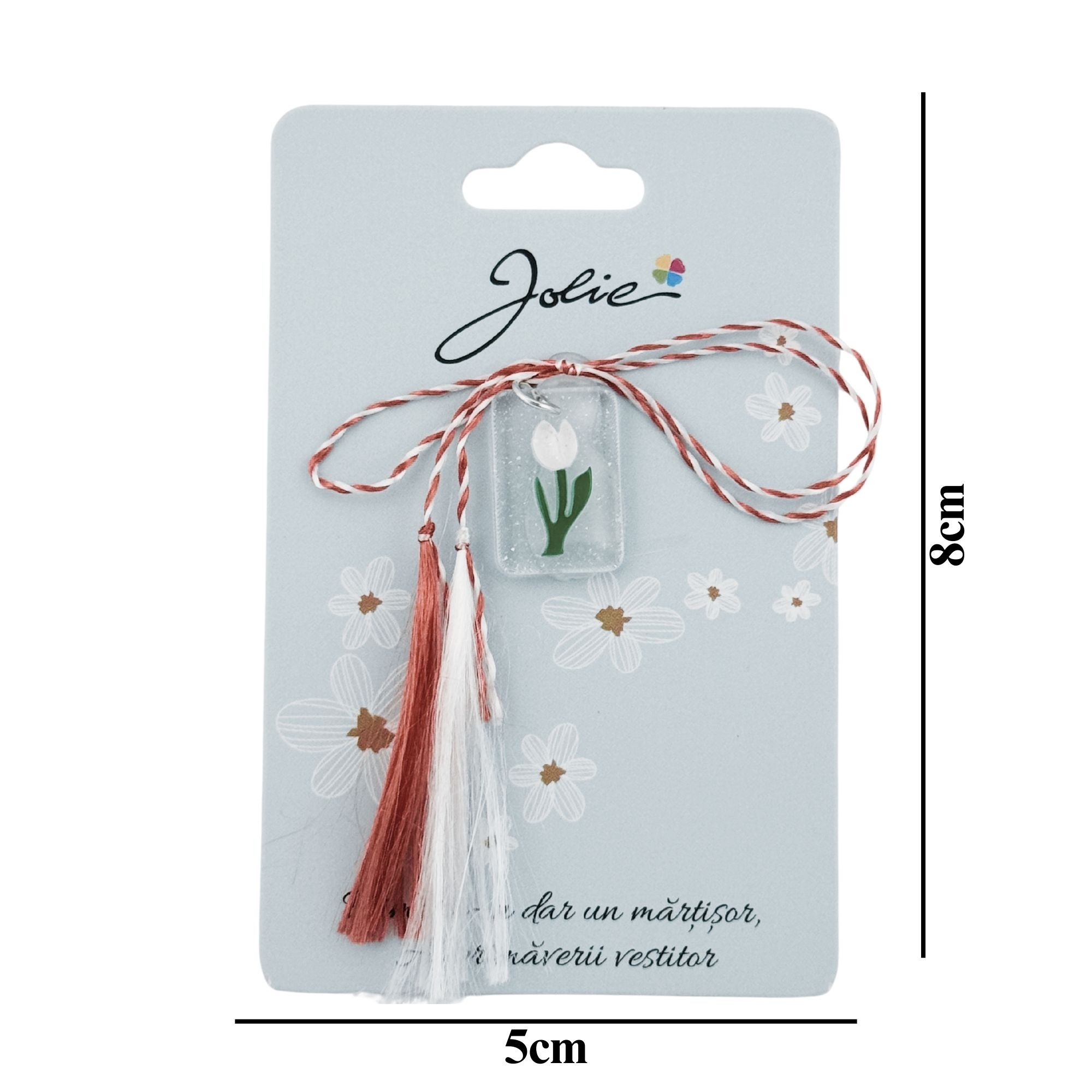 Martisor Traditional din Acril, Jolie, Model Lalea Alba, cu Snur Impletit Alb/Rosu, Pandantiv 2 cm