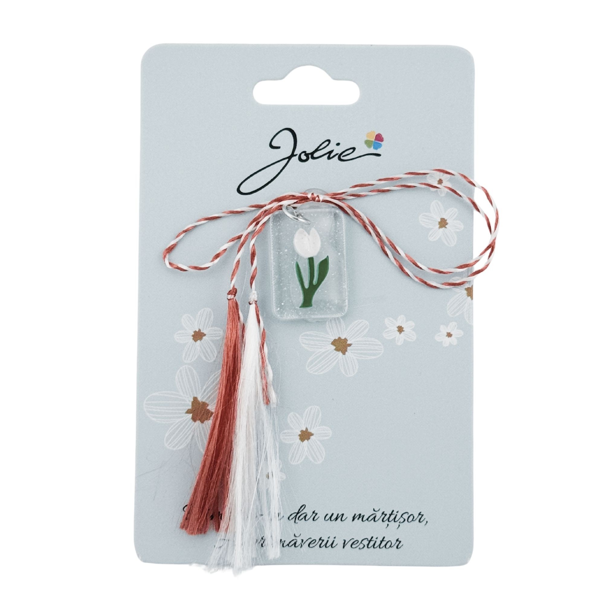 Martisor Traditional din Acril, Jolie, Model Lalea Alba, cu Snur Impletit Alb/Rosu, Pandantiv 2 cm