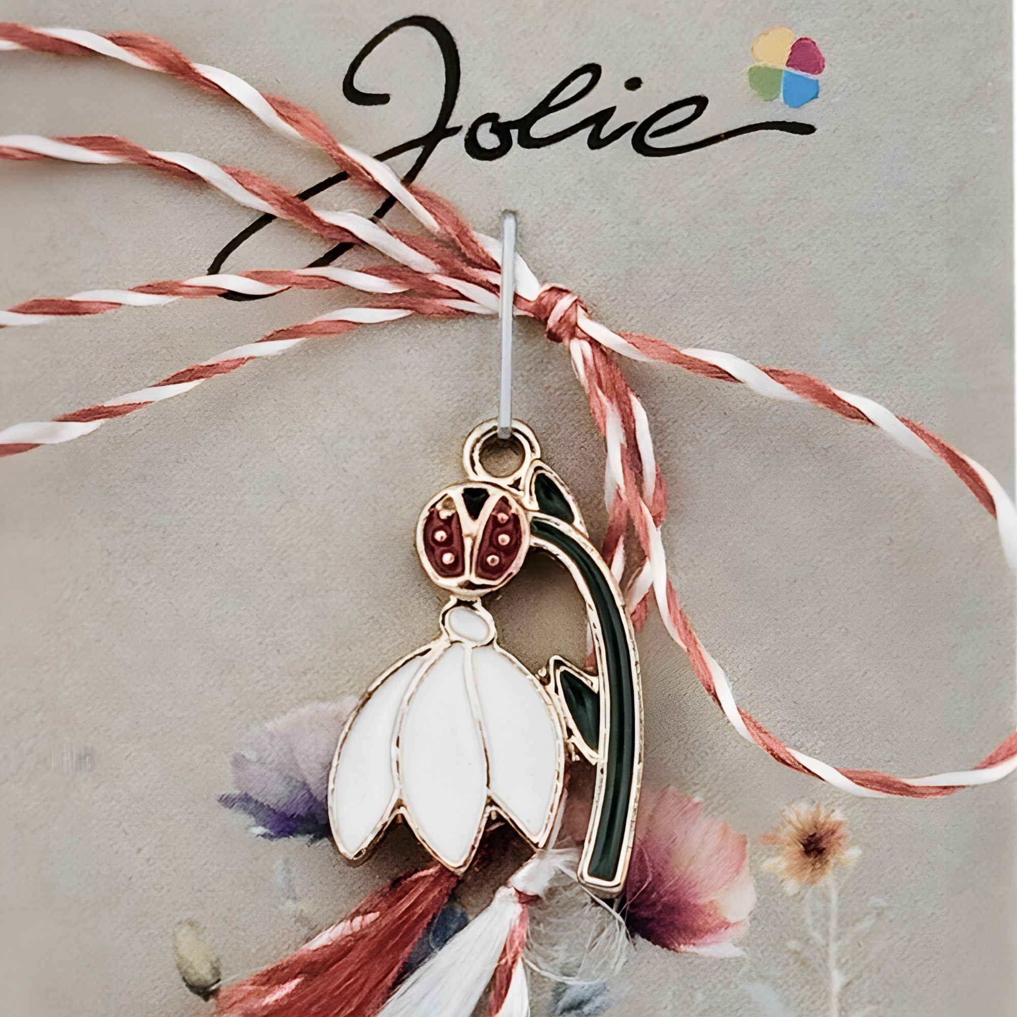 Martisor Traditional, Jolie, Model Ghiocel cu Buburuza, cu Snur Impletit Alb/Rosu, Pandantiv 2 cm, Rosu/Alb