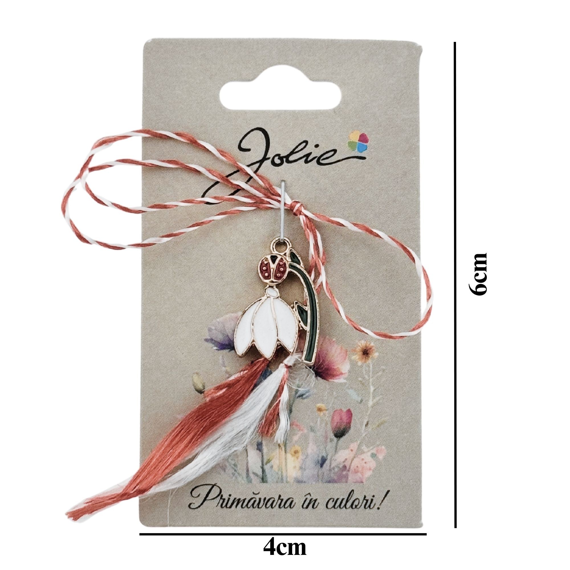 Martisor Traditional, Jolie, Model Ghiocel cu Buburuza, cu Snur Impletit Alb/Rosu, Pandantiv 2 cm, Rosu/Alb