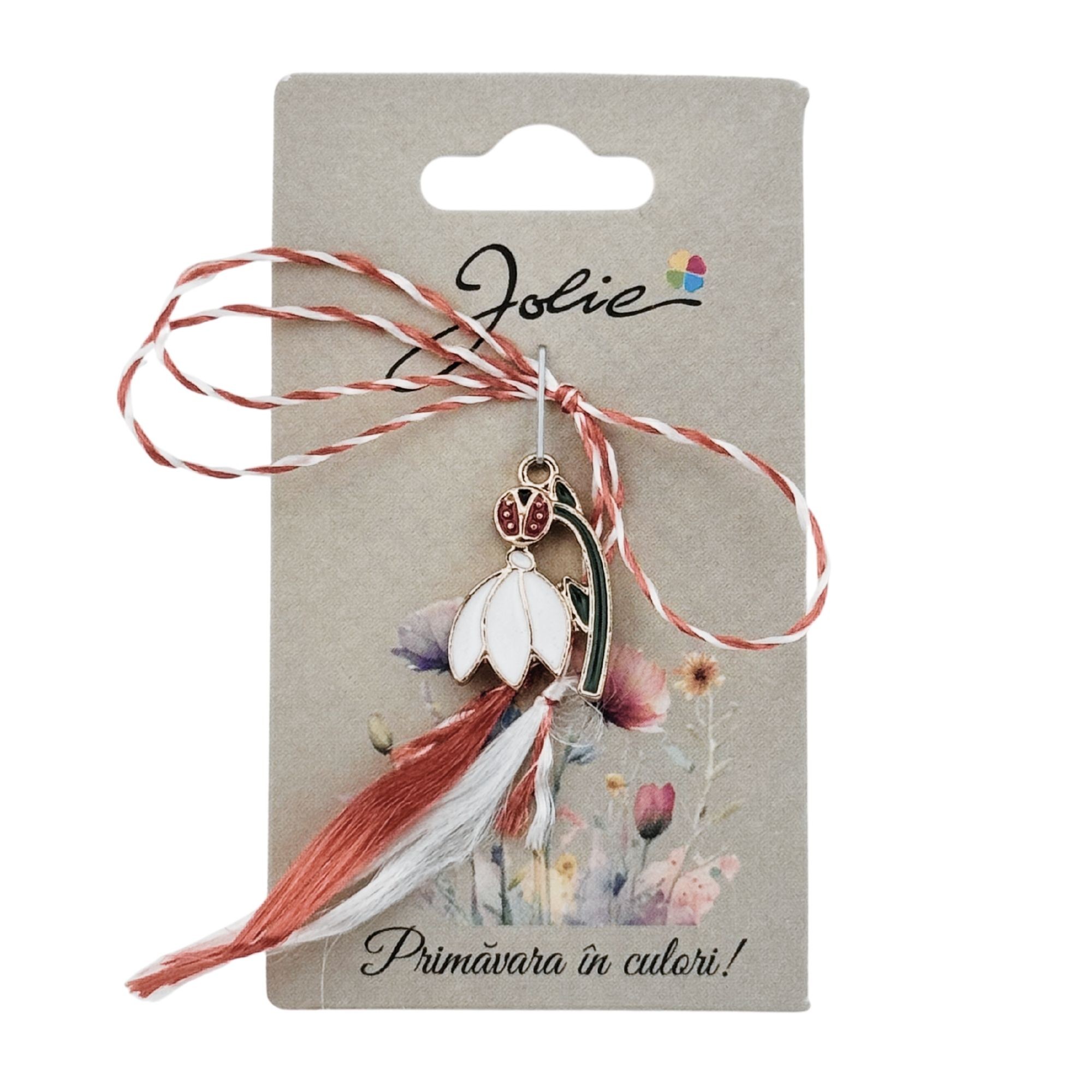 Martisor Traditional, Jolie, Model Ghiocel cu Buburuza, cu Snur Impletit Alb/Rosu, Pandantiv 2 cm, Rosu/Alb