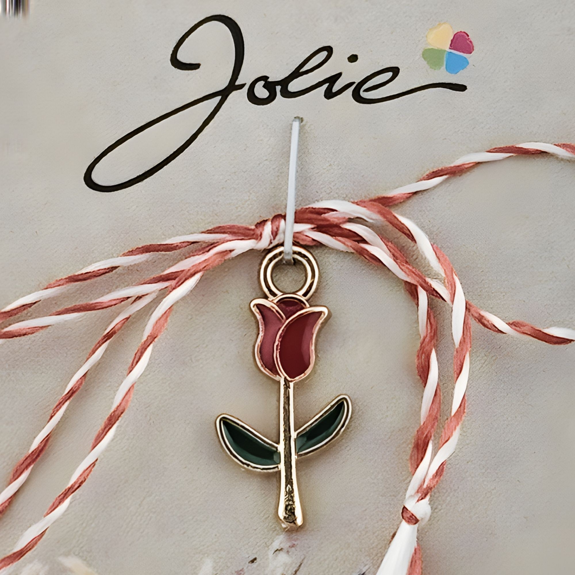 Martisor Traditional, Jolie, Model Lalea, cu Snur Impletit Alb/Rosu, Pandantiv 2 cm, Rosu/Verde