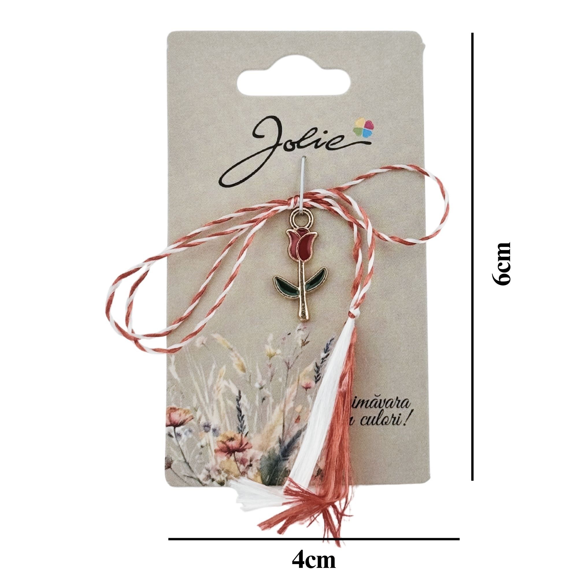 Martisor Traditional, Jolie, Model Lalea, cu Snur Impletit Alb/Rosu, Pandantiv 2 cm, Rosu/Verde