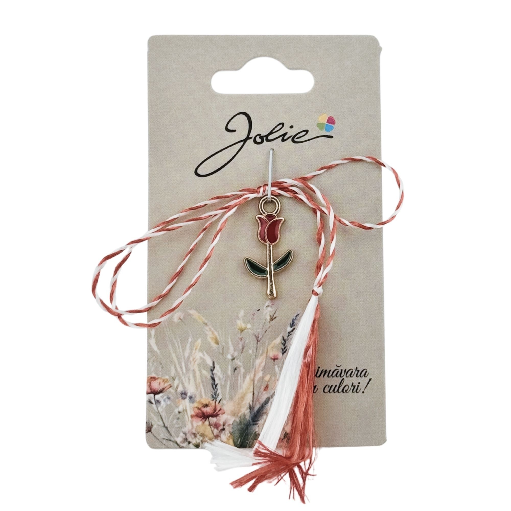 Martisor Traditional, Jolie, Model Lalea, cu Snur Impletit Alb/Rosu, Pandantiv 2 cm, Rosu/Verde