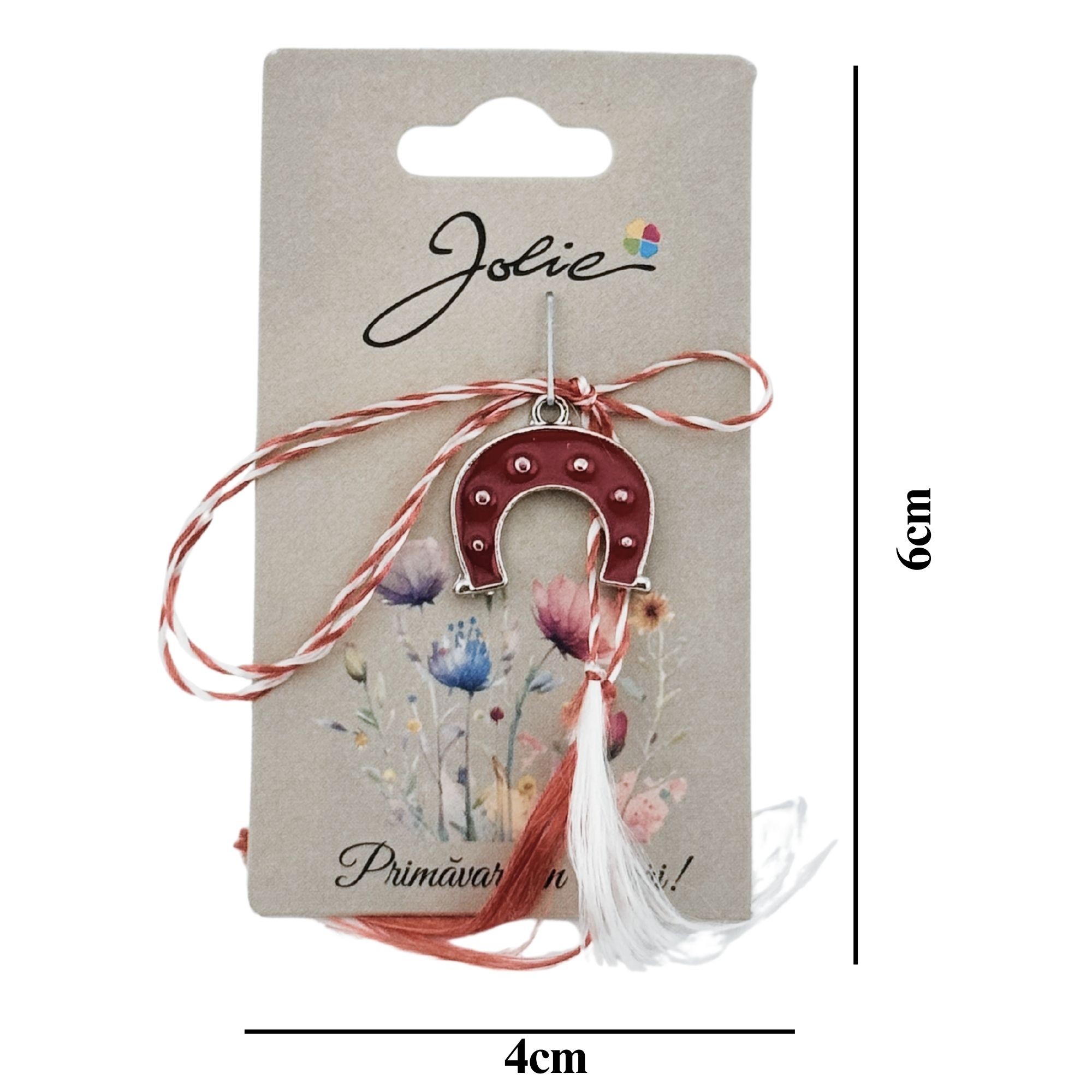 Martisor Traditional, Jolie, Model Potcoava, cu Snur Impletit Alb/Rosu, Pandantiv 2 cm, Rosu/Argintiu