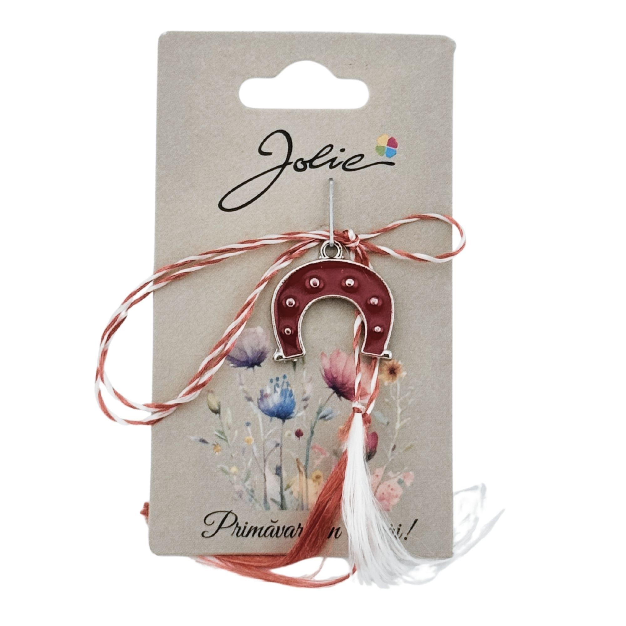 Martisor Traditional, Jolie, Model Potcoava, cu Snur Impletit Alb/Rosu, Pandantiv 2 cm, Rosu/Argintiu