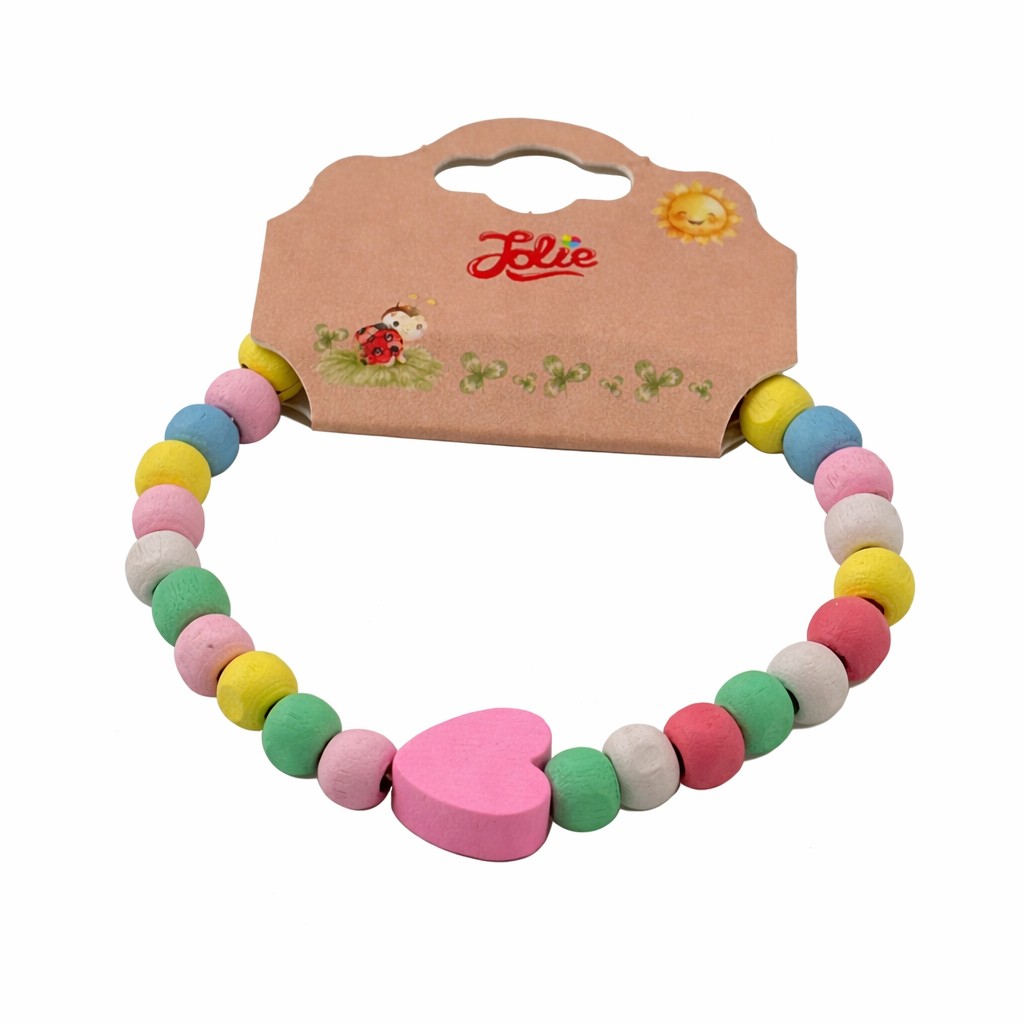 Martisor Bratara pentru Copii, Jolie, Pandativ Inimioara Roz, tip Elastica cu Margele din Lemn Colorate